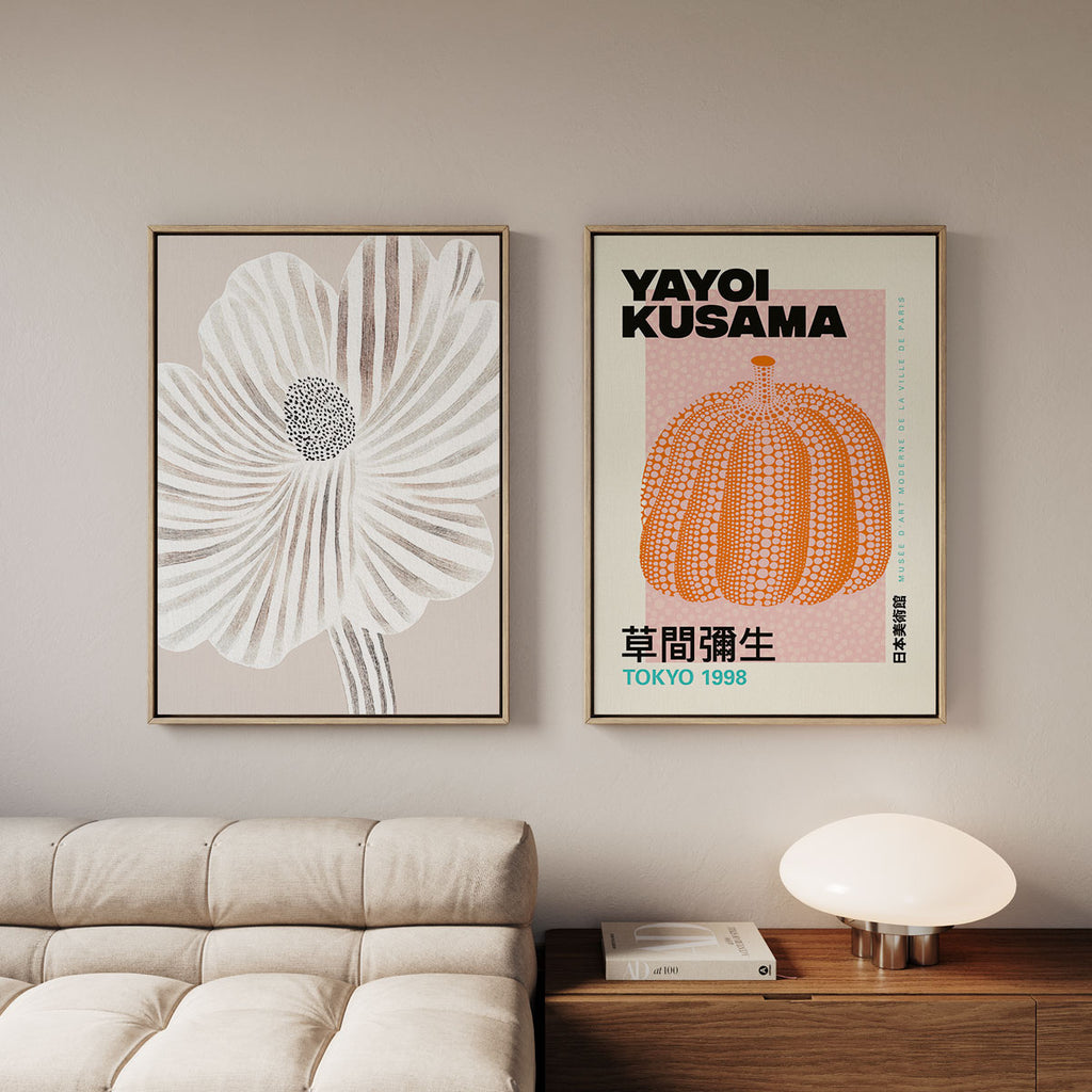 Canvas Print with Floating Frame – Yayoi Kusama – Pumpkin 01 – styled in a modern interior