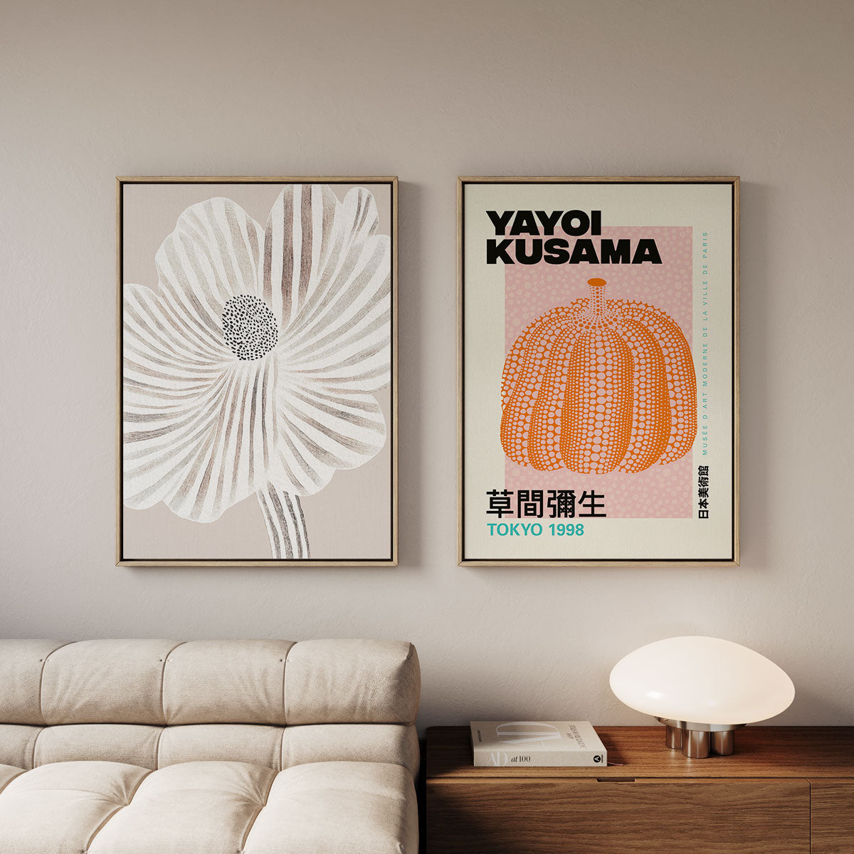 Canvas Print with Floating Frame – Yayoi Kusama – Pumpkin 01 – styled in a modern interior