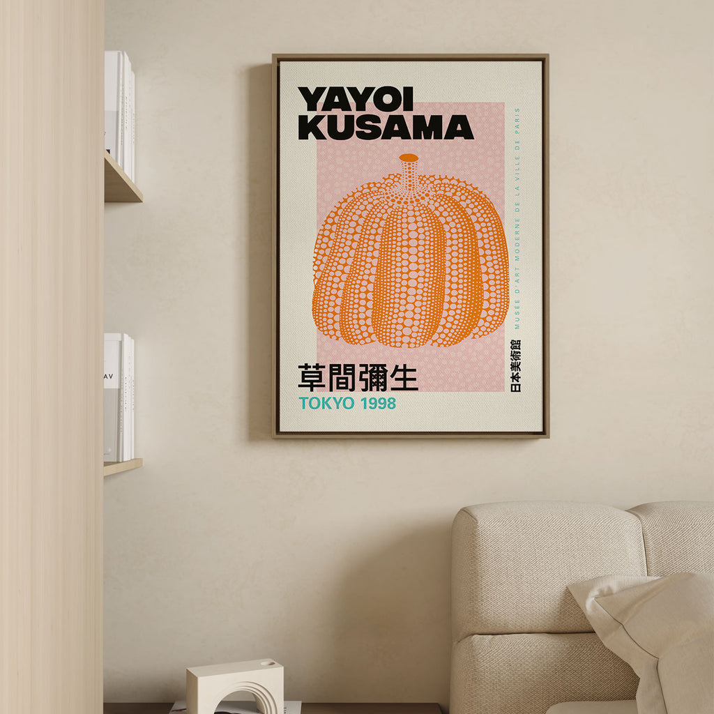Canvas Print with Floating Frame – Yayoi Kusama – Pumpkin 01 – framed and displayed on a wall