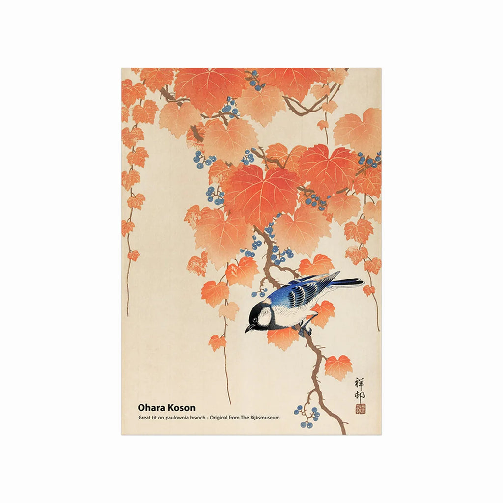 Great tit on paulownia branch art poster