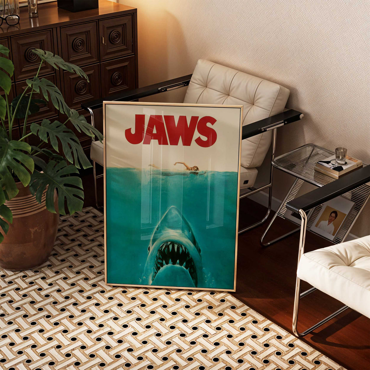Jaws movie poster shown framed on a wall