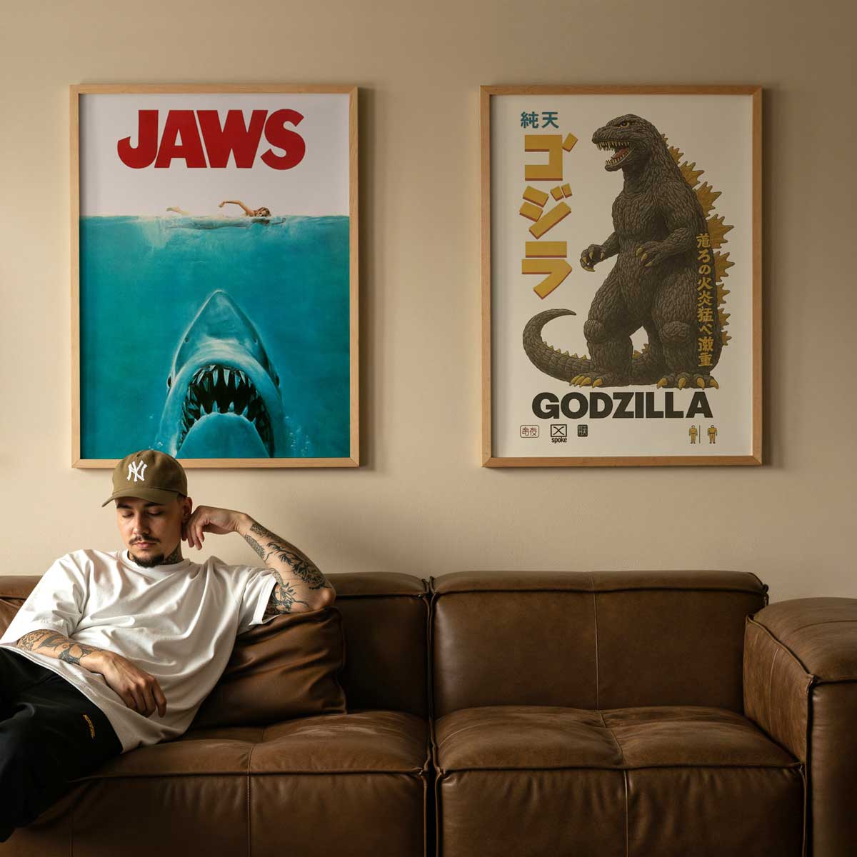 Godzilla movie poster in an interior setting