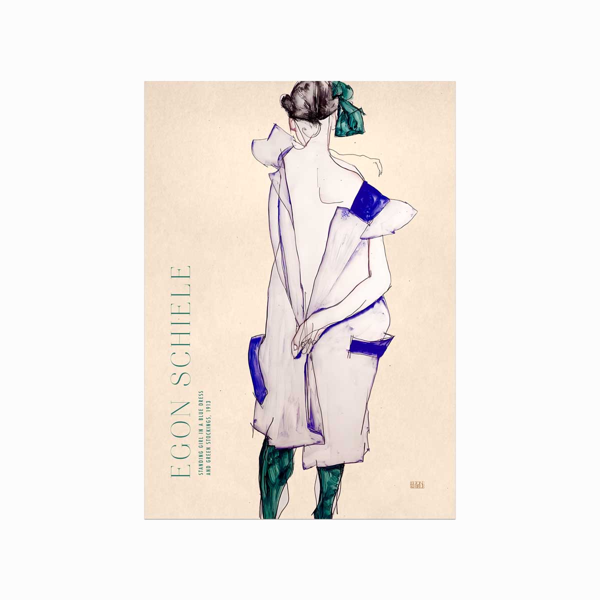 Egon Schiele – Standing Girl in a Blue Dress and Green Stockings art poster